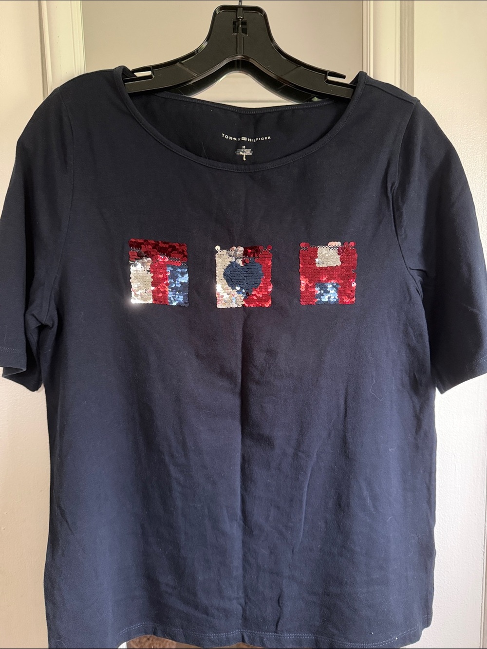 Tommy Hilfiger Navy Short Sleeve Sequin Flag Tee